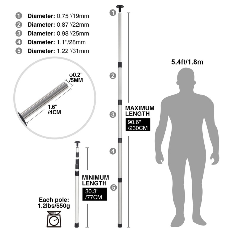 REDCAMP Aluminum Adjustable Camping Tarp Poles, 30in to 90in Telescoping