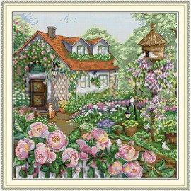 JOYSEWING Garden Bungalow Stamped Kits Cross Stitch Kits Beginners Embroidery 11CT Needlepoint Kits Counted Patterns Embroidery DIY Home Decoration- (The Rose Cottage (Printed)) 18.9×18.9 inch