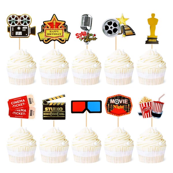 Ercadio - Paquete de 30 adornos para cupcakes de película, noche de película, para magdalenas, palomitas de maíz, decoración de tartas, temática de Hollywood, baby shower, fiesta de cumpleaños