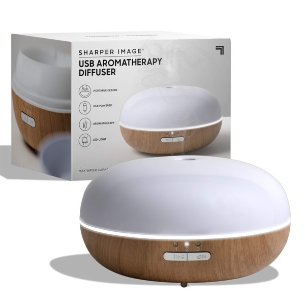 SHARPER IMAGE Essential Oil Aromatherapy Small Mist Diffuser 100ml/3.4 fl oz, Ultrasonic Air Humidifier, LED Light, Timer Function, For Home/Office/Spa, Faux Light Wood, Compact Size Fits Anywhere
