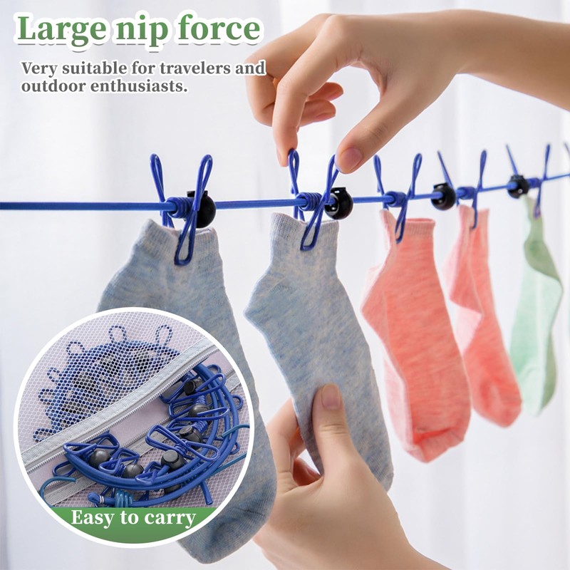 BODFPPC Travel Washing Line with 12 Clips, Portable Windproof Retractable