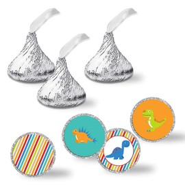 Dinosaur Boy Birthday Party Kiss Sticker Labels, 300 Party Circle Sticker Sized 0.75” for Chocolate Drop Kisses by AmandaCreation, Great for Party Favors, Envelope Seals & Goodie Bags