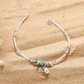Boho Starfish Anklet Bracelet Vintage Conch Ankle Bracelet Pearl Dangle Anklets Minimalist Bead Anklet Foot Chain Jewelry for Women (Blue, One size)