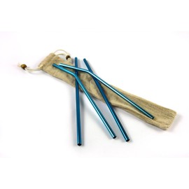 4 Pack Stainless Steel Straw Set - Reusable Metal Drinking Straws with Cleaning Brush and Bag. Bent, Blue