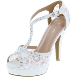 TOP Moda Womens Hy5 Formal Evening Party Lace Ankle T-Strap Peep Toe Stiletto High Heel Pumps,White-1,6.5