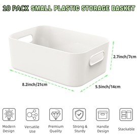 W&H 10 PCS White Plastic Storage Boxes with Handle, Small Baskets for Storage, Plastic Storage Baskets for Shelves, Cupboard Storage Baskets for Bathroom, Drawer, Kitchen Organizer - 8.2×5.5×2.7 Inch
