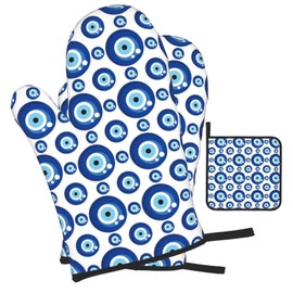 Blue Evil Eyes Oven Mitts and Pot Holders Sets of 3 Funny Hot Pads Heat Resistant Non Slip Washable for Cooking Grilling Baking BBQ Kitchen Decor