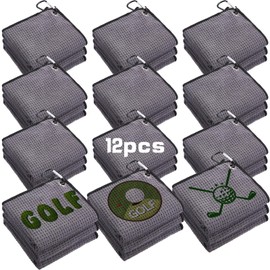 Batiyeer 12 Pcs Golf Towel Bulk for Golf Bags 16'' x 16'' Microfiber Fabric Golf Towel with Clip Waffle Pattern Golf Towel for Golf Bags, Fitness, Camping, Hiking, Yoga (Black)