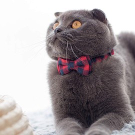 Cat Collar Breakaway with Bell and Bow Tie, Plaid Design Adjustable Safety Kitty Kitten Collars(6.8''-10.8'') (Red Plaid)