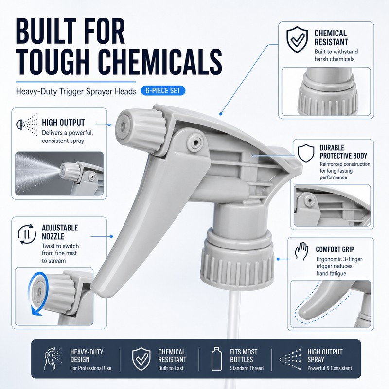 Heavy-Duty Trigger Sprayer Heads for Auto Detailing – 6-Pack Adjustable