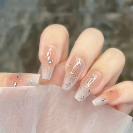 Generic 24Pcs Silver Butterfly Press on Nails Medium Square Manicure Art Acrylic Fake Nails with Star Rhinestones Design Glossy Glue on Nails Reusable Gradient Stick on Nails for Women Girls Manicure