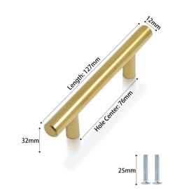 CCHONG 2 Pack Gold Stainless Steel Cupboard Handles (76mm Hole Centre, 127mm Total Length)