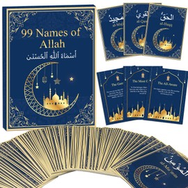 99 Names of Allah Flashcards Quran Verses Asma UI Husna Cards Eid Al Adha Learning Cards in Arabic and English Eid or Ramadan Gifts for Family Friends 5.7×3.1 Inches(Blue and Gold)