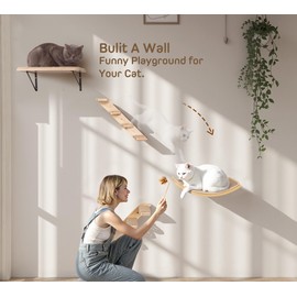 Cat Wall Shelves Set with Sisal Cats Window Perch, 4 Piece Wood Climbing Furniture with Curved Sisal Bed, Flat Shelf & Two Wall-Mounted 4 Steps Cat Stairs