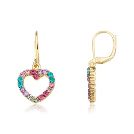 Earrings for Girls - 14k Gold-Plated Multi Color Rainbow Dangle Lever-back Earring - Hypoallergenic and Nickel Free For Sensitive Ears (Heart)