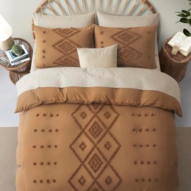 Oli Anderson Tufted Duvet Cover, Soft and Lightweight Duvet Covers Set for All Seasons, 3 Pieces Boho Embroidery Shabby Chic Bedding Set (Pumpkin Brown, King, 104"×90")