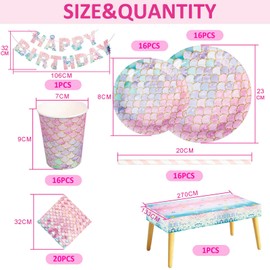 Eclare Mermaid Party Tableware Set, 86PCS Mermaid Party Decorations Mermaid Napkins, Straws, Tablecloths, Cups, Plates and Banner for Mermaid Birthday Decorations