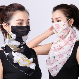 1+1 Integrated Floral Chiffon Mask Scarf for Summer Golf, Fishing, Hiking & Multi-use Sun Cover White Tulip/Pink Leaf