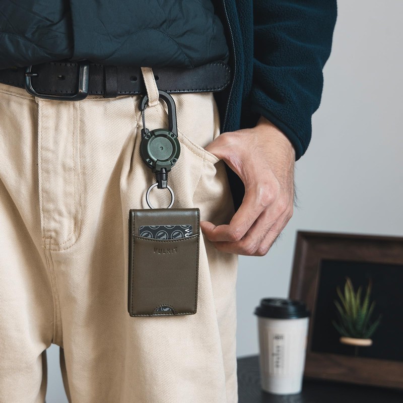 VULKIT Badge Holder Wallet with Retractable Clip, Leather Bifold Double