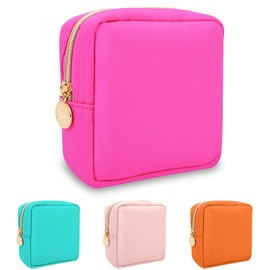 Nylon Mini Makeup Bag for Purse, Preppy Small Cute Makeup Bag Cosmetic Zipper Pouch Purse, Waterproof Travel Coin Pouch Sanitary Napkin Storage Bag Clutch Make Up Organizer for Women Girls(Hot Pink)