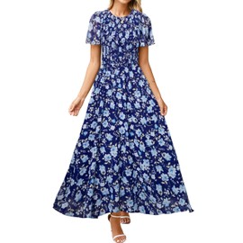 Simplee Dress for Women 2025 Casual Spring Boho Wedding Guest Dresses Floral Flowy Prom Smocked Elegant High Waist Garden Party Dress(Blue L)