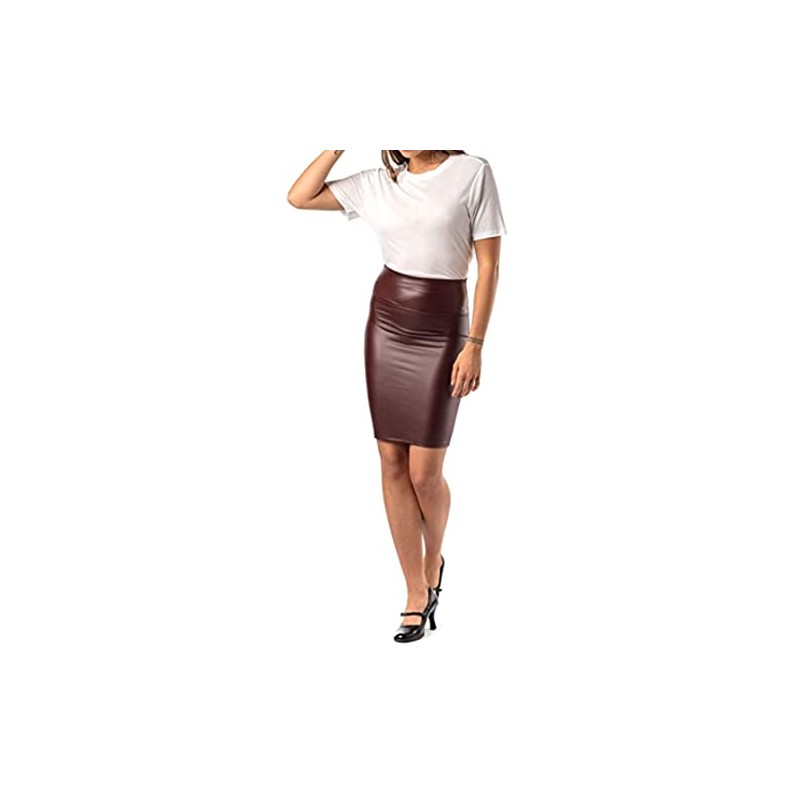 Women's Knee-Length Leather Look Skirt, Wet Look Stretch Skirt -