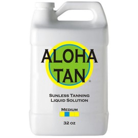 ALOHA TAN - MEDIUM - Spray Tan Solution - 32 oz - Sunless Self Tanning Liquid for Airbrush or HVLP System + INCLUDES: Applicator Mitt, Application Gloves and Best Fake Tanner Lotion Mousse Sample