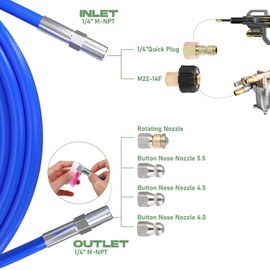 Sewer Jetter Kit for Pressure Washer 150FT, 5800 PSI Water Jet Drain Cleaner Hose 1/4 Inch NPT Corner, Rotating and Button Sewer Jetting Nozzles, Waterproof Tape, Spanners, and Pearl Corsage Pin