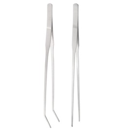 HARFINGTON 2pcs Long Tweezers 10.6 Inch Stainless Steel Tweezers with Curved Straight Serrated Tip Multi-Purpose Kitchen Tongs for Cooking Gardening Repairing Craft, Silver