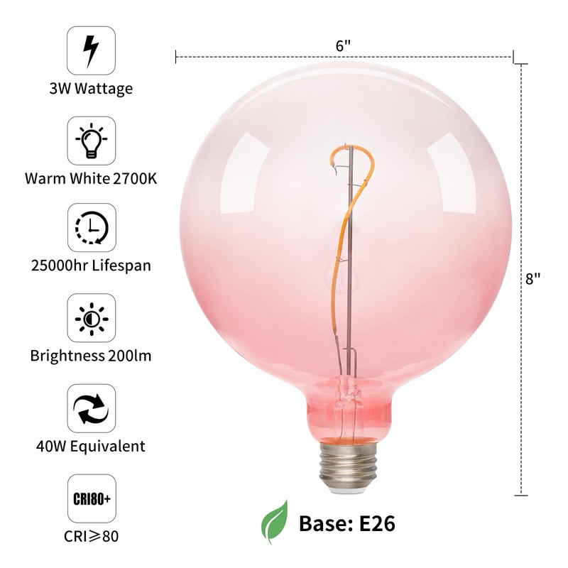 ONEWISH Large LED Bulb,G150 Pink Globe Decorative Bulbs,Warm White 2700K
