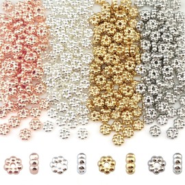 COIRIS 720pcs 4 Colors Daisy Spacer Beads 6mm Gold Silver Rhodium Plated Metal Flower Loose Beads for Bracelet Necklace Earring Jewelry Making Supplies(RT-CCB4)