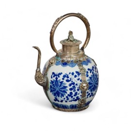 China Furniture and Arts US Seller - Blue and White Tibetan Porcelain Teapot with Brass Embellishments