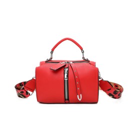 Women's Multi Zipper Trendy Handbag Wide Strap Shopper PU Leather Shoulder Crossbody Bag -P RED