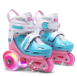 Toddler Roller Skates, 4 Adjustable Sizes, Light-up Wheels, Safety Three-Point Balance, Beginner Skates for Ages 3-8 Girls Boys Kids, Suitable Indoor & Outdoor Use (Pink&Blue, S-Small(11C-1Y US))