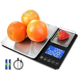 MaxWorks Dual Platform Digital Kitchen Scale 51069 22 lbs Capacity 11 inch x 7 inch x 1.18 inch Scale Units g kg lb oz ml Unit Conversion Tare Stainless Steel Tempered Glass + HIPS
