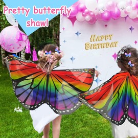 Butterfly Wing Cape Kids, 3 Pcs Butterfly Shawl Kids Butterfly Cape Wing Rainbow Butterfly Wing Costume with Butterfly Hair Clips for Girls Princess Pretend Play Party Favors (Style 1)