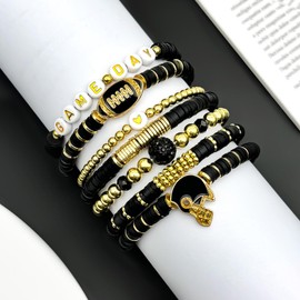 Bracelets for Women Football Accessories Black Bracelets Set Gifts for Teen Girls 12 14 16 18 13 15 Year Old Beaded Stretch Charm Boho Jewelry for Women Valentine's Day Christmas Birthday Gifts Idears