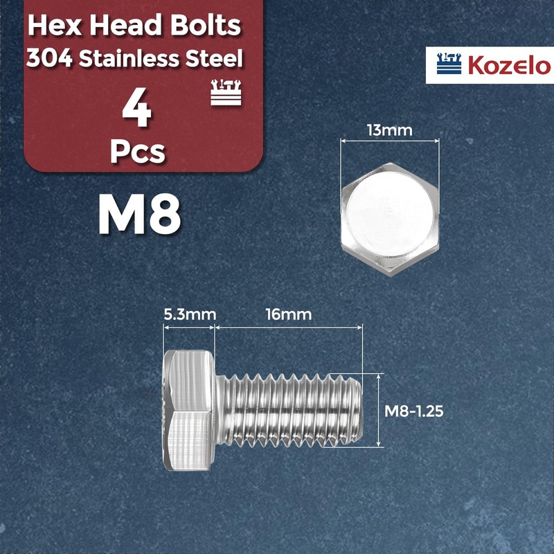 Kozelo 4 Pcs Hex Head Screws Bolts - [M8-1.25x16] 304