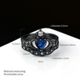 JAJAFOOK Blue Zirconia Heart Cut Bridal Princess Crown Irish Claddagh Black Gold Plated Eternity Band Rings