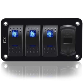 Purishion 3 Gang Rocker Switch Aluminum Panel with Voltmeter & Dual USB(4.8 Amps) Fast Charging, Blue Backlit Led, Pre-Wired IP65 Waterproof for Marine, Boat, Car, Truck, Polaris, Jeep (Blue)