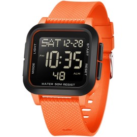 findtime Digital Watch Men's Large Numbers Watch Men Women Digital LED Sports Watch Square 5ATM Waterproof 12/24H Two Time Zones Outdoor Countdown Watch Sports Wristwatches Boys Military Watch