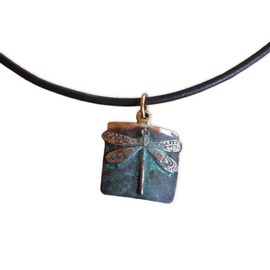 Elaine Coyne Classic Artwear Delicate Patina Dragonfly Pendant - USA Made - Rawhide Necklace