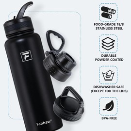 Fanhaw 40 oz Stainless Steel Insulated Water Bottle With 3 Lids (Straw, Spout and Carabiner Lid) - Double Walled Travel Thermal Canteen Mug (Black)