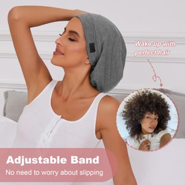 ZHENSILK Silk Satin Bonnet Satin Lined Sleep Cap Hair Wrap for Sleeping Hair Cover Slouchy Beanie Hat for Women Men 2PCS(Black&Grey)