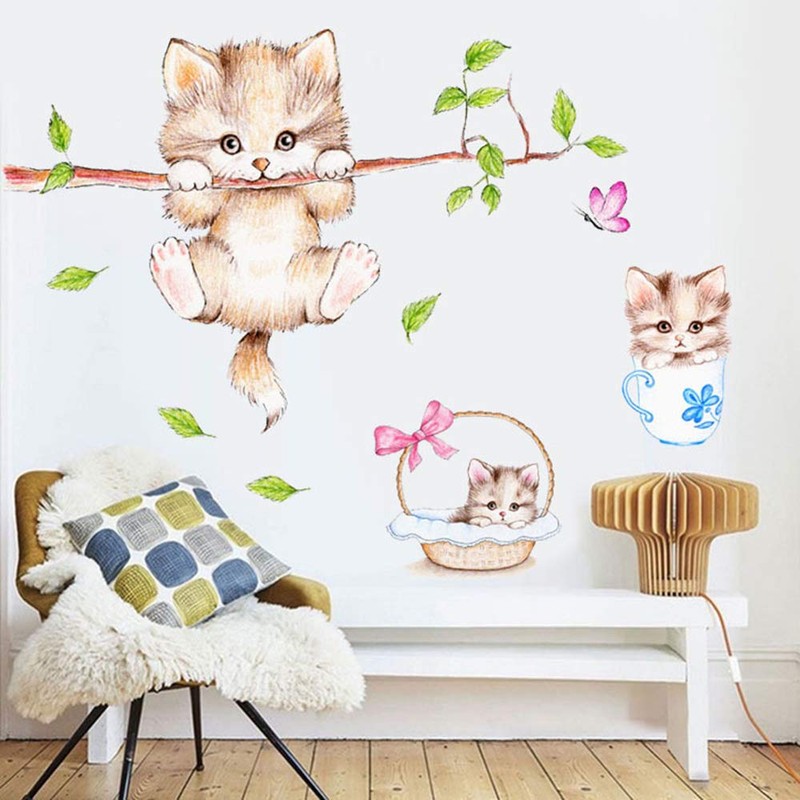 Kiddale Cute Cat Wall Decals,Removable Cat Tree Branches Butterfly Wall