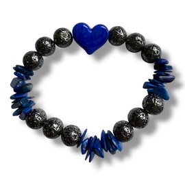 Imposing Stone LAPIS LAZULI Limited Edition Bracelet with Navy Blue Glass Heart Bead and Black Lava Stone with real Lapis Lazuli Chip Beads, Handmade Stretch Design, size 7 inch but can stretch