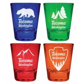 Tacoma Washington Souvenir 4-Pack Multicolor Engraved Round Shot Glasses Camping and Outdoors Set