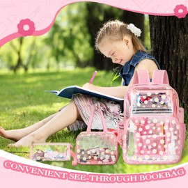 Kacctyen 3 Pcs Pink Clear Backpack Heavy Duty for Girl Boy Kid School Clear Bookbag Transparent Backpack with Lunch Bag(Pink,Daisy)