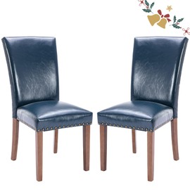 Parsons Dining Chairs Set of 2, Upholstered Nailhead PU Leather Dining Room Kitchen Side Chair with Thick Cushions and Wood Legs, Blue