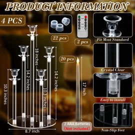 Barydat 4 Set Acrylic Candelabra Centerpiece Clear Candle Holders with 20 LED Candles 5 Arm Holder for Tables with Remote Timer and Rubber Candle Rings Wedding Party Decor